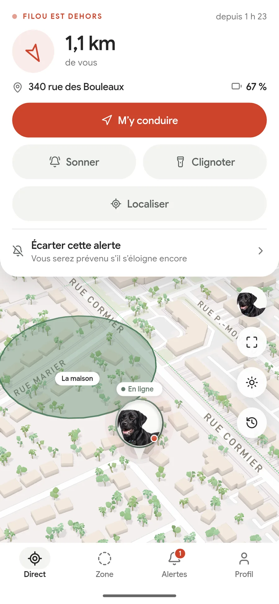 L’application Filou pendant une recherche : « Filou est dehors », depuis 1 h 22, à 4 mètres de vous. Quatre gestes — m’y conduire, sonner, clignoter, localiser.