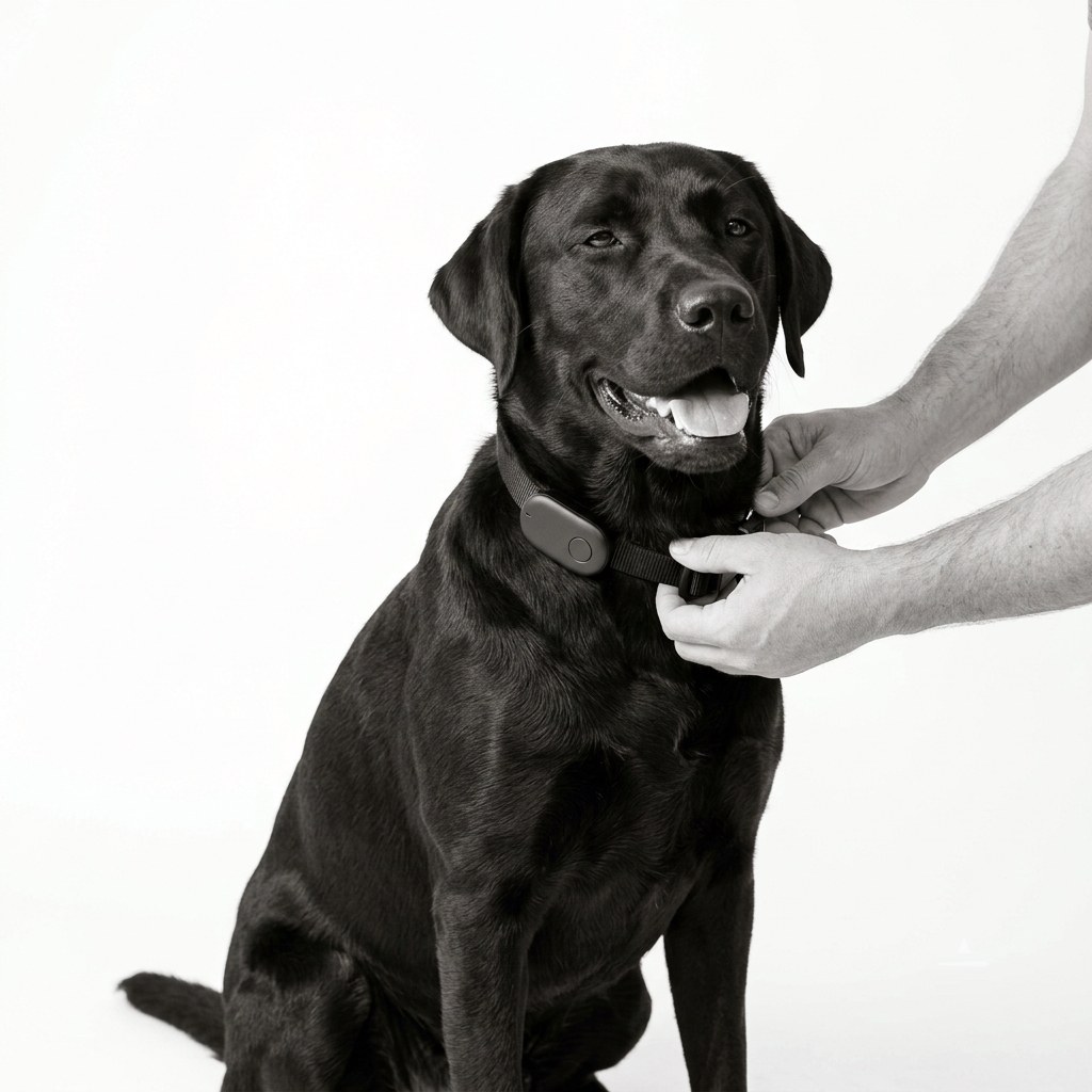 Deux mains attachent le collier Filou au cou d’un labrador noir.